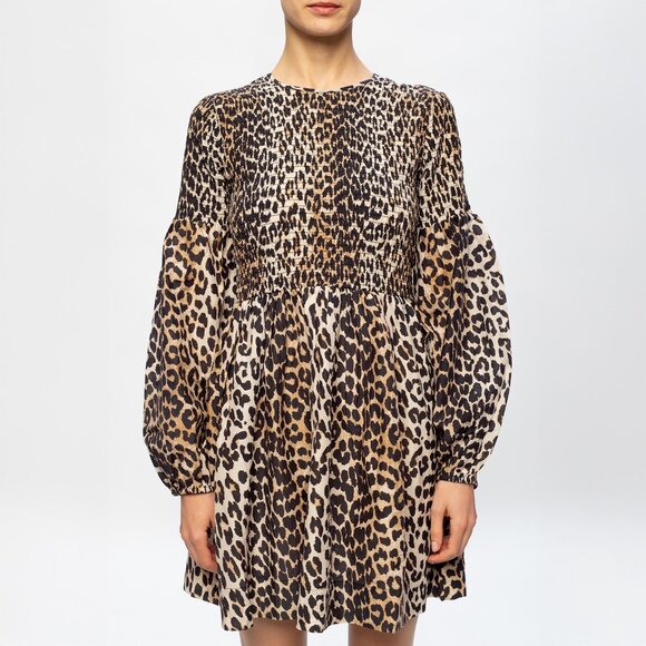ganni nwt // leopard print smocked mini dress 36 - Picture 1 of 7